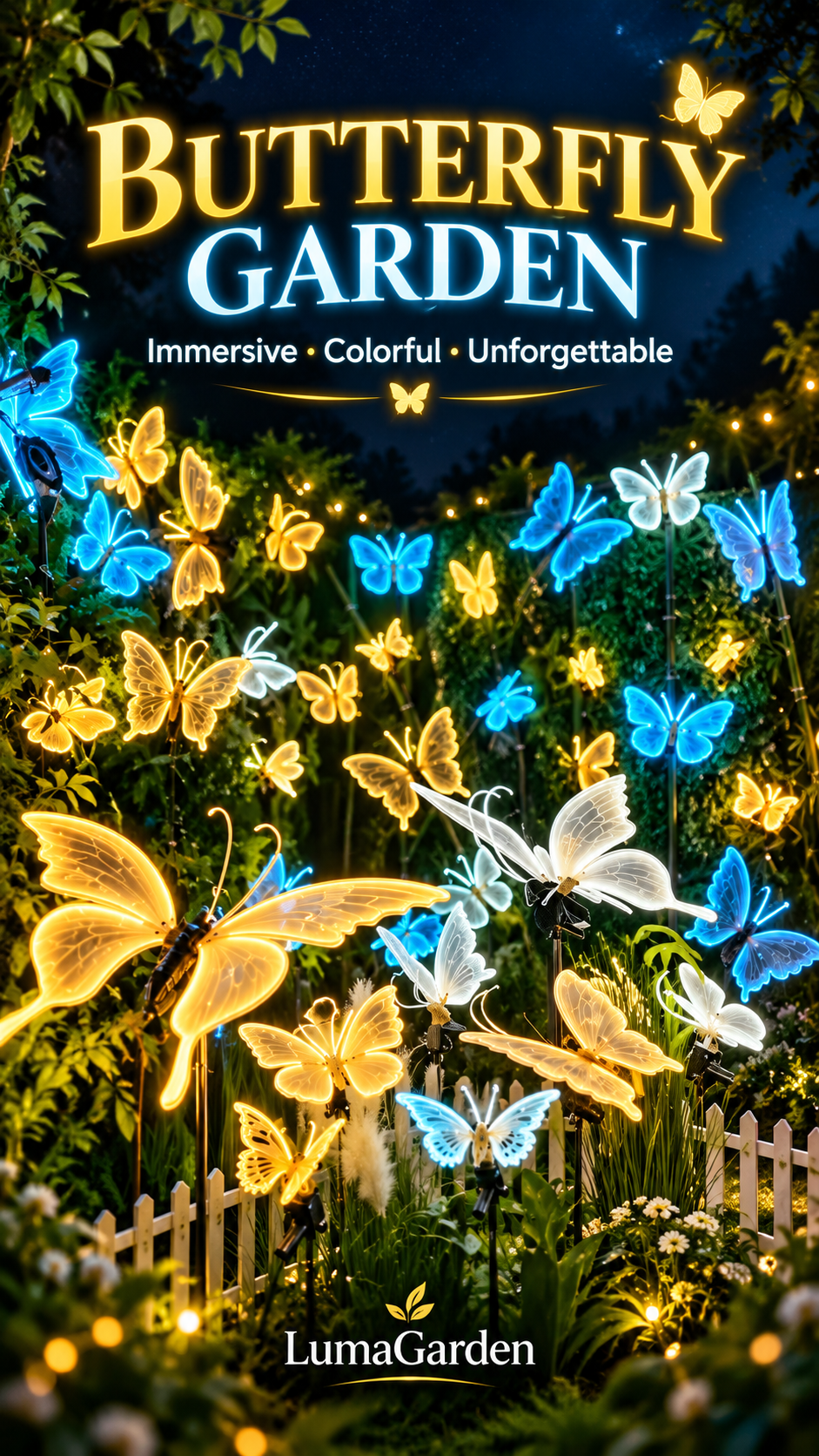 Blue and gold illuminated butterflies in a garden