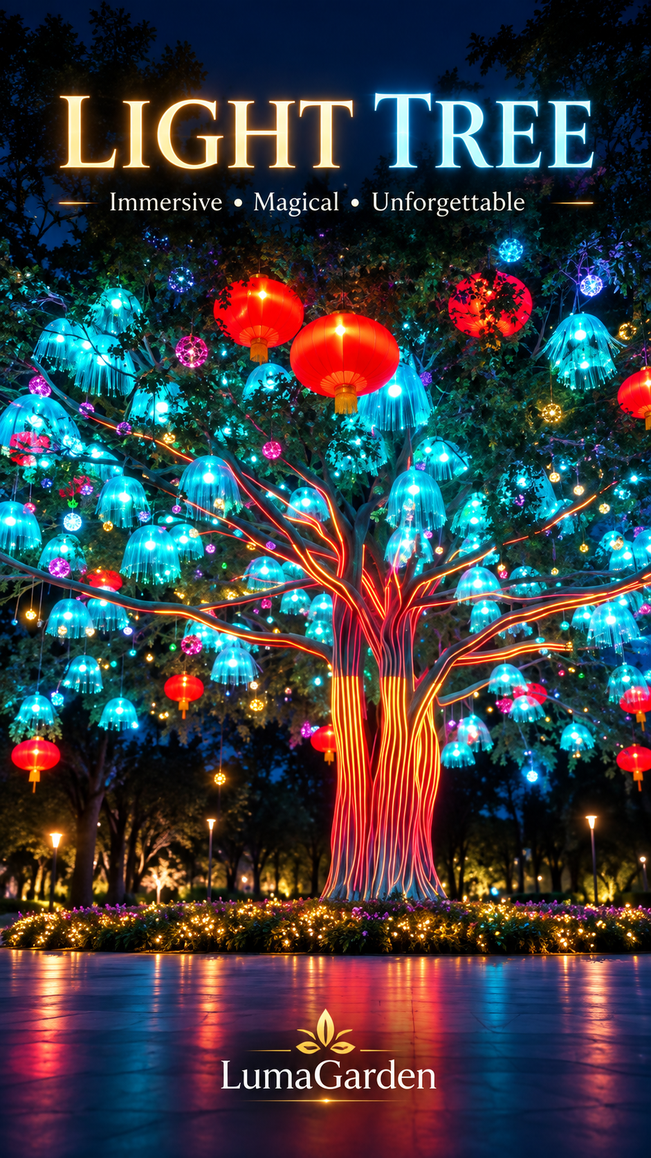 Decorative illuminated tree with suspended lights