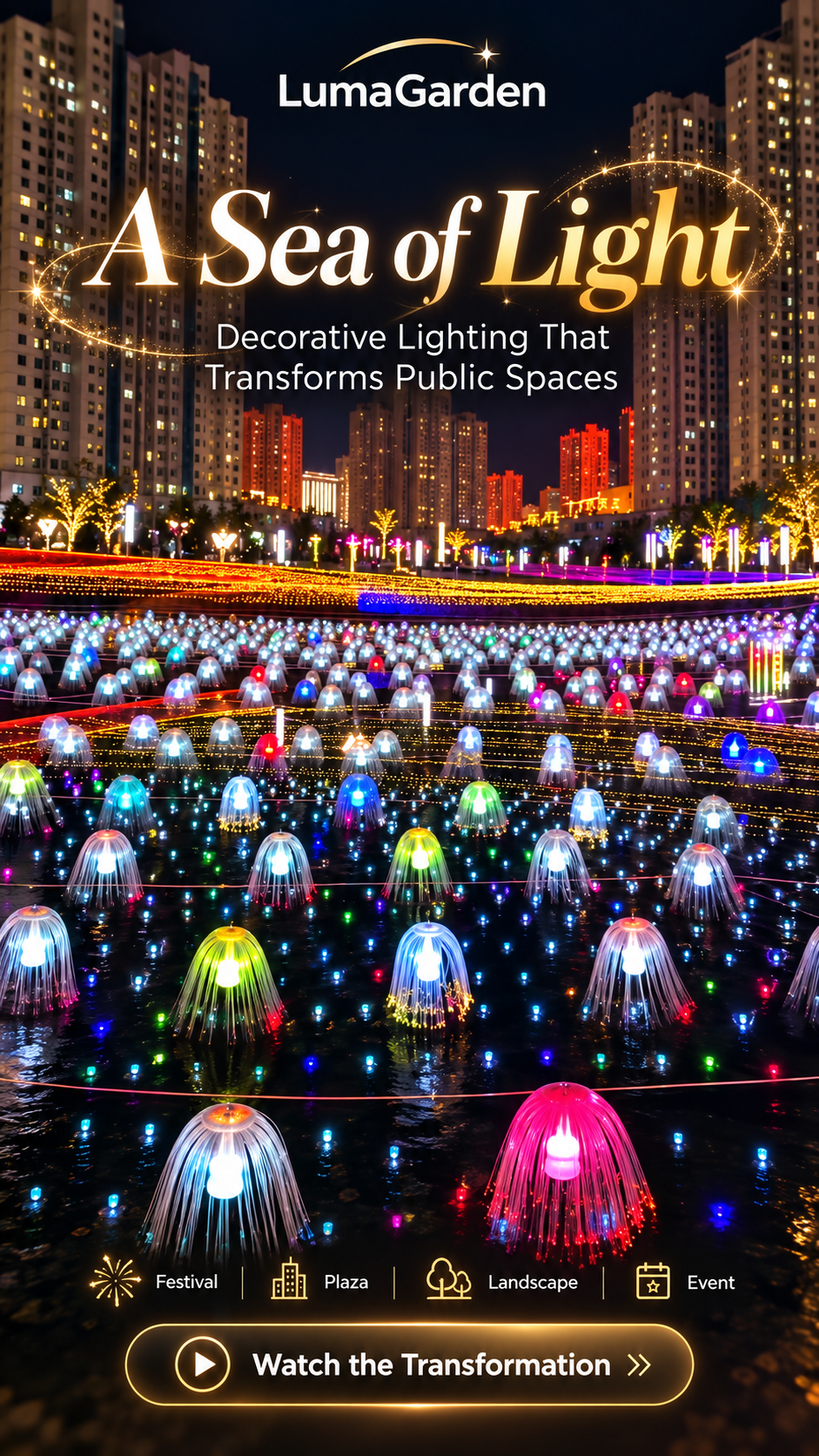 Colorful meteor rain lighting across a public plaza